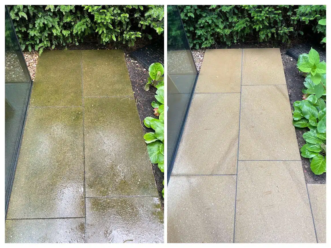 Before and after patio steam cleaning transformation