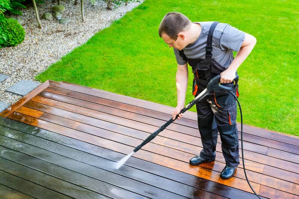 Wooden decking after professional jet washing